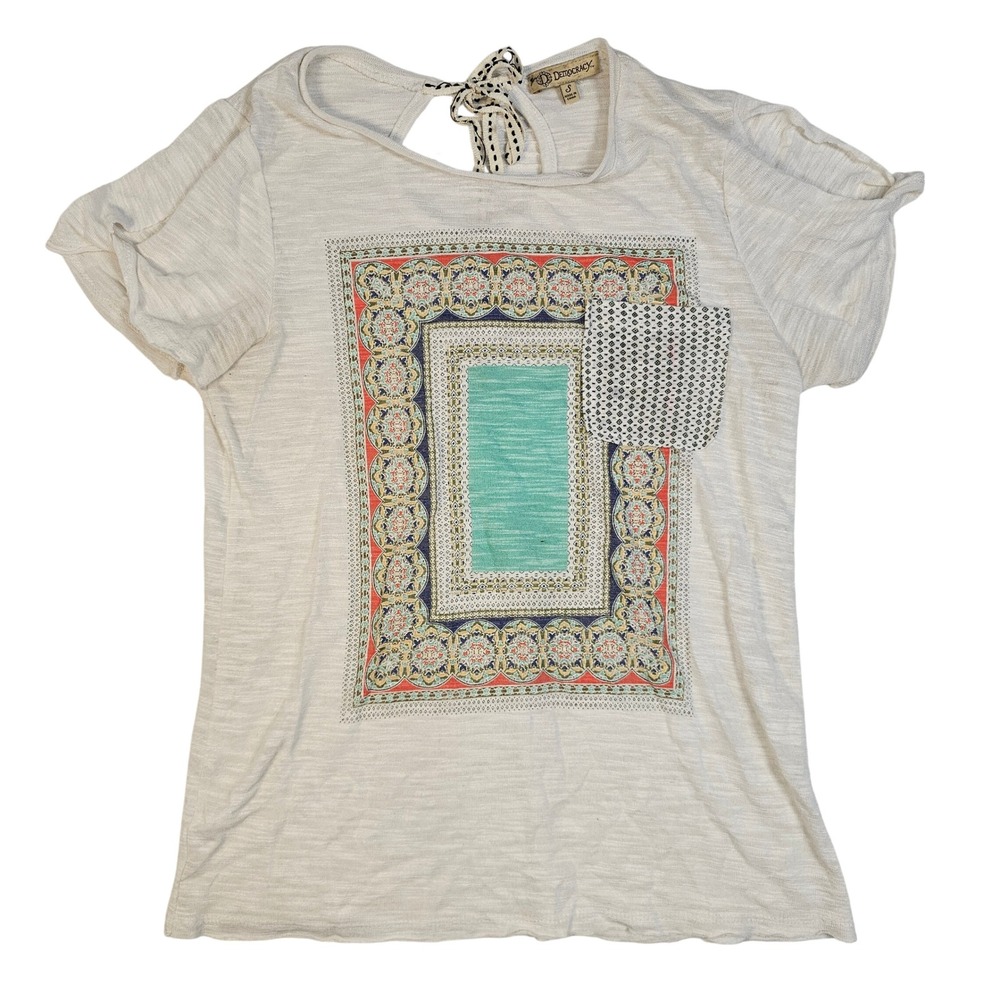 Democracy Womens Small Short Sleeve Graphic Top Mixed Media Tie Back Beige